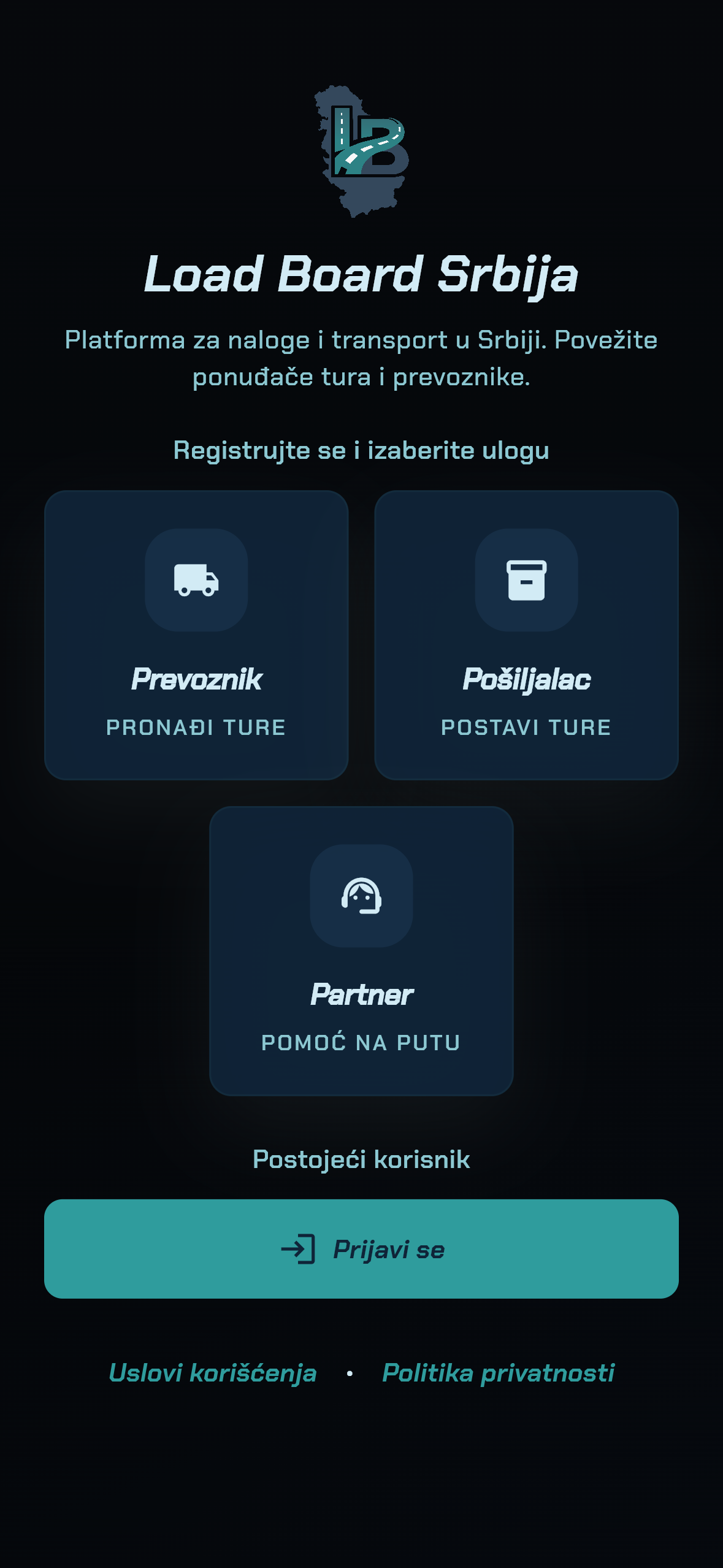 Dobrodošli ekran Load Board Srbija aplikacije