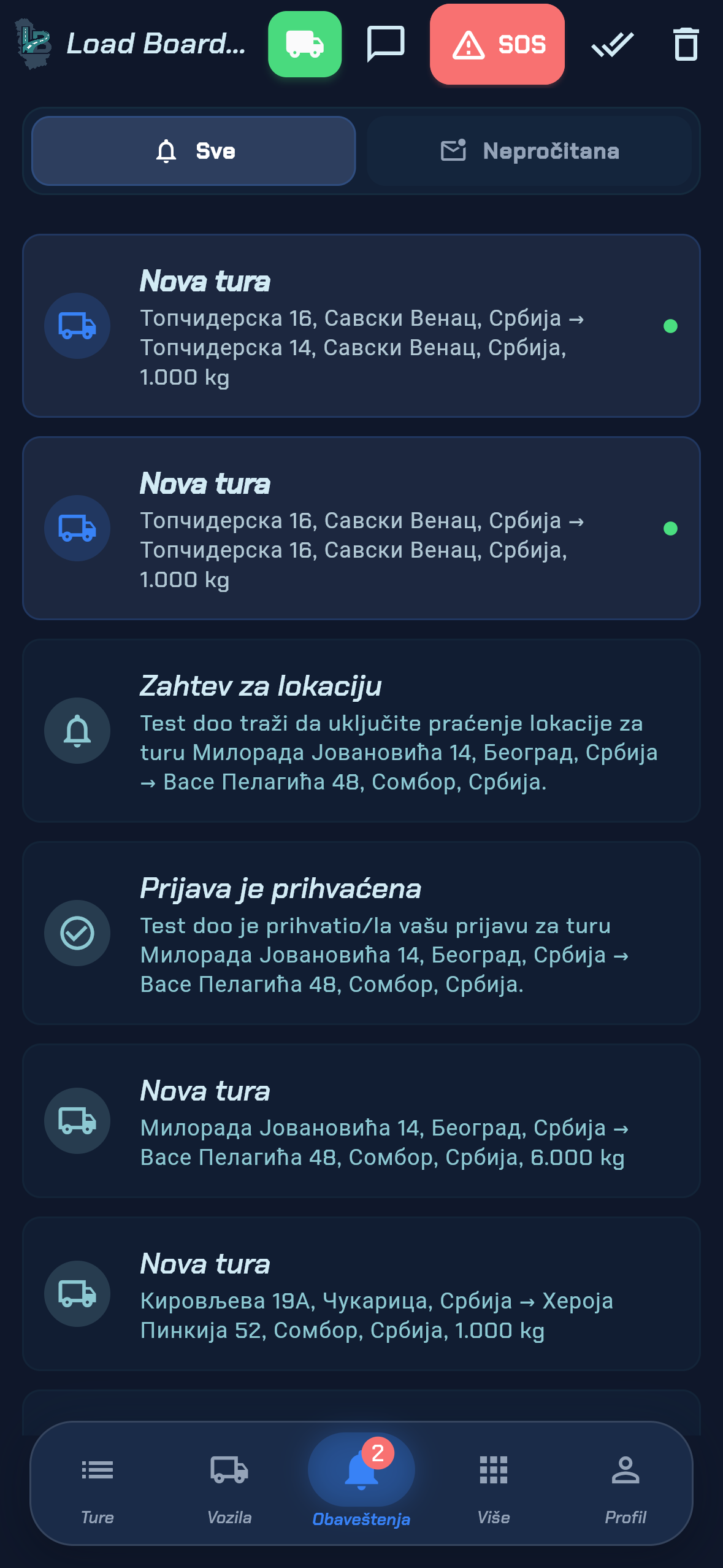 Obaveštenja o novim turama u Load Board Srbija aplikaciji